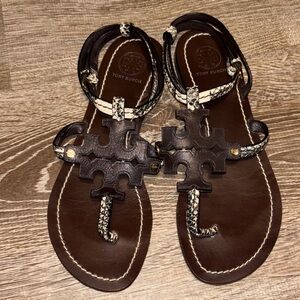 Tory Burch Black and Brown Leather Sandals